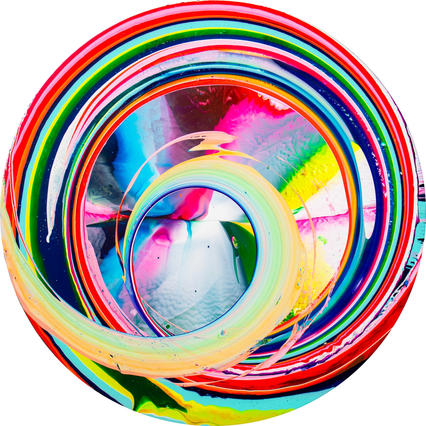 A bold swath of colors encircles a diffuse background that folds in on its horizon. Abstract painter Callen Schaub uses troughs, pendulums, a flick of his finger, and his signature bicycle-crank spinner to create the 1.5-meter 20 Cosmic Years.