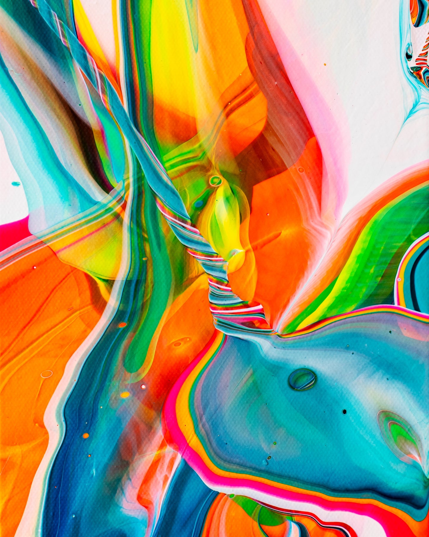 Callen Schaub’s abstract painting, Homecoming (6”X8”), is a riot of fluorescent, translucent hues. A delicate rainbow spiral expands to form a launch pad in the foreground beckoning a tiny twin spiral in the top right of the painting.