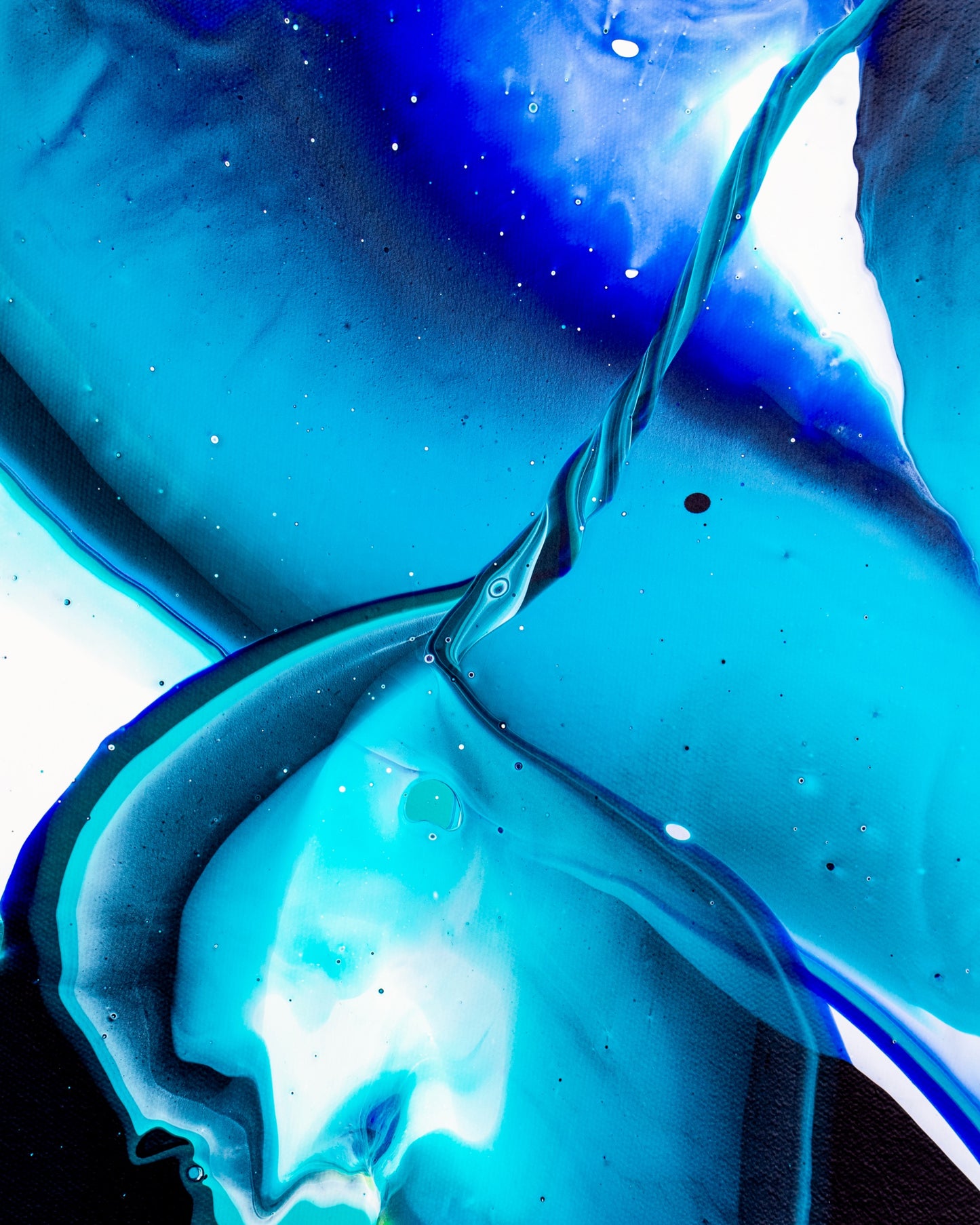 A turquoise and dark blue spiral unwinds into a facelike pale fan in the painting titled Departure (8”x10”) by abstract artist Callen Schaub. Departure is the 4th painting in the Chrominance Series.