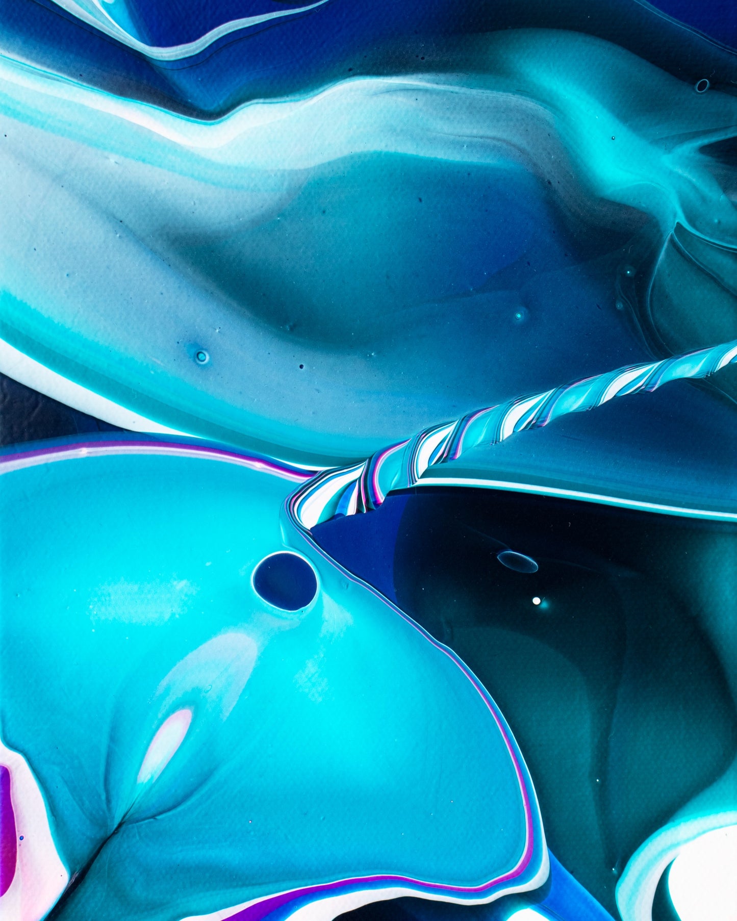 Callen Schaub’s abstract painting, Aqueux (6”X8”), features a gyre of white, turquoise and pink fanning out into a light blue pad that folds inward in the bottom left of the painting. Waves of ultramarine form the space beyond.