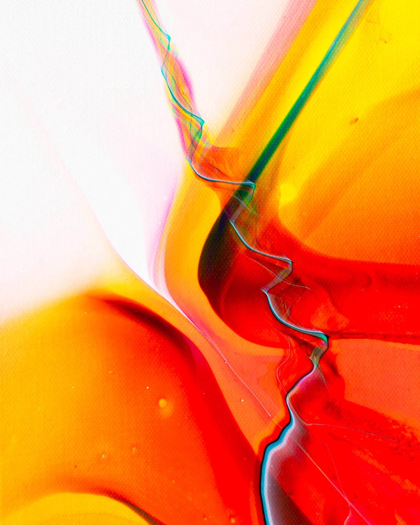 Callen Schaub’s abstract painting, Yearning (6”X8”), features a translucent rainbow vortex over an orange, yellow, and red rift in the background. The rift stands in contrast to the pinky-white space in the top left portion of the canvas.