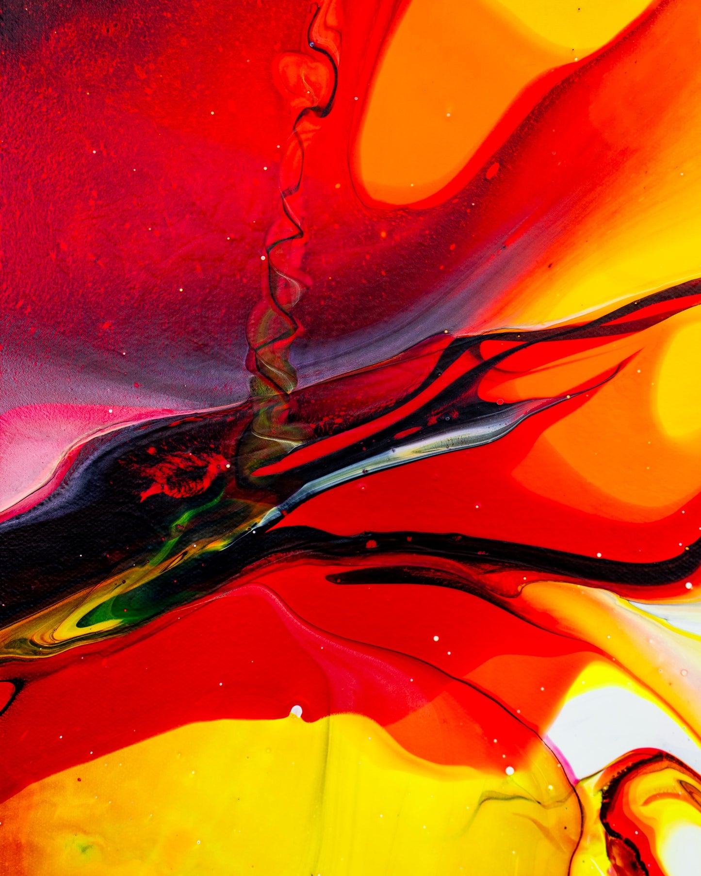 Ascend (8”x10”) by Callen Schaub depicts a smokey black, red and green spiral that rises from a dark fiery slash of color like the birthplace of something ephemeral and important. Ascend is the sixth painting in the Chrominance Series.