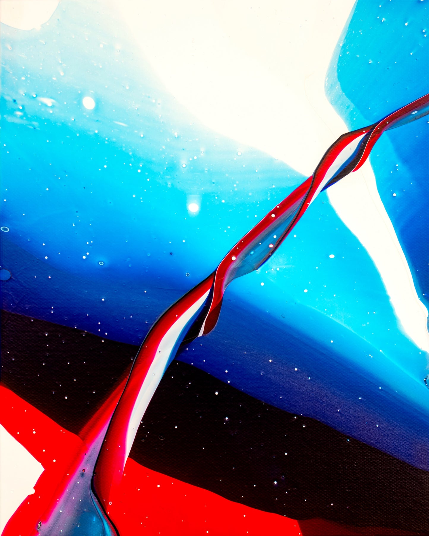 Tōrino (8”x10”) by abstract artist Callen Schaub features a bold red, white and blue spiral twisting diagonally across a space-like vista dotted with stars. Tōrino is the eighth painting in Schaub’s Chrominance Series.