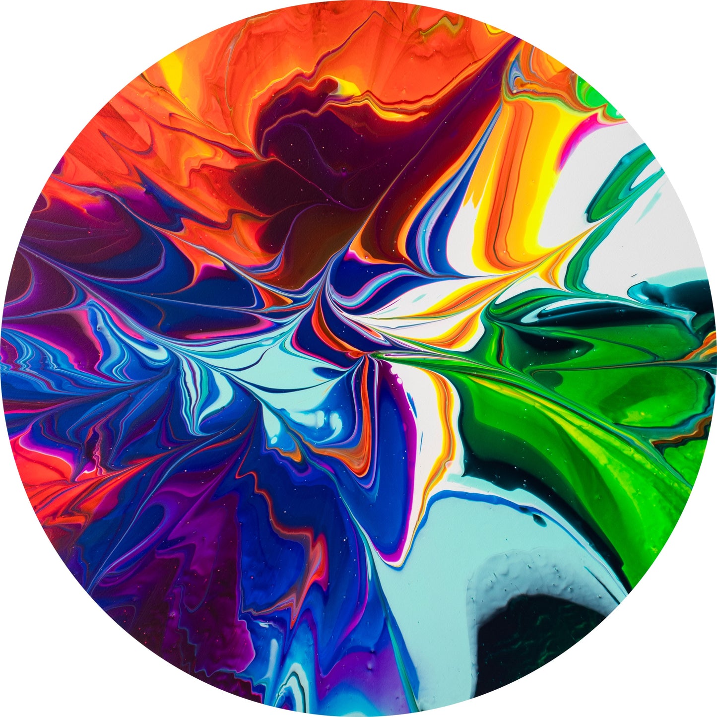 Space of Freedom, (43” x 43” round) by Callen Schaub features a rainbow gradient with feathery zigzags and is the second abstract painting in the artist's After Life Collection.