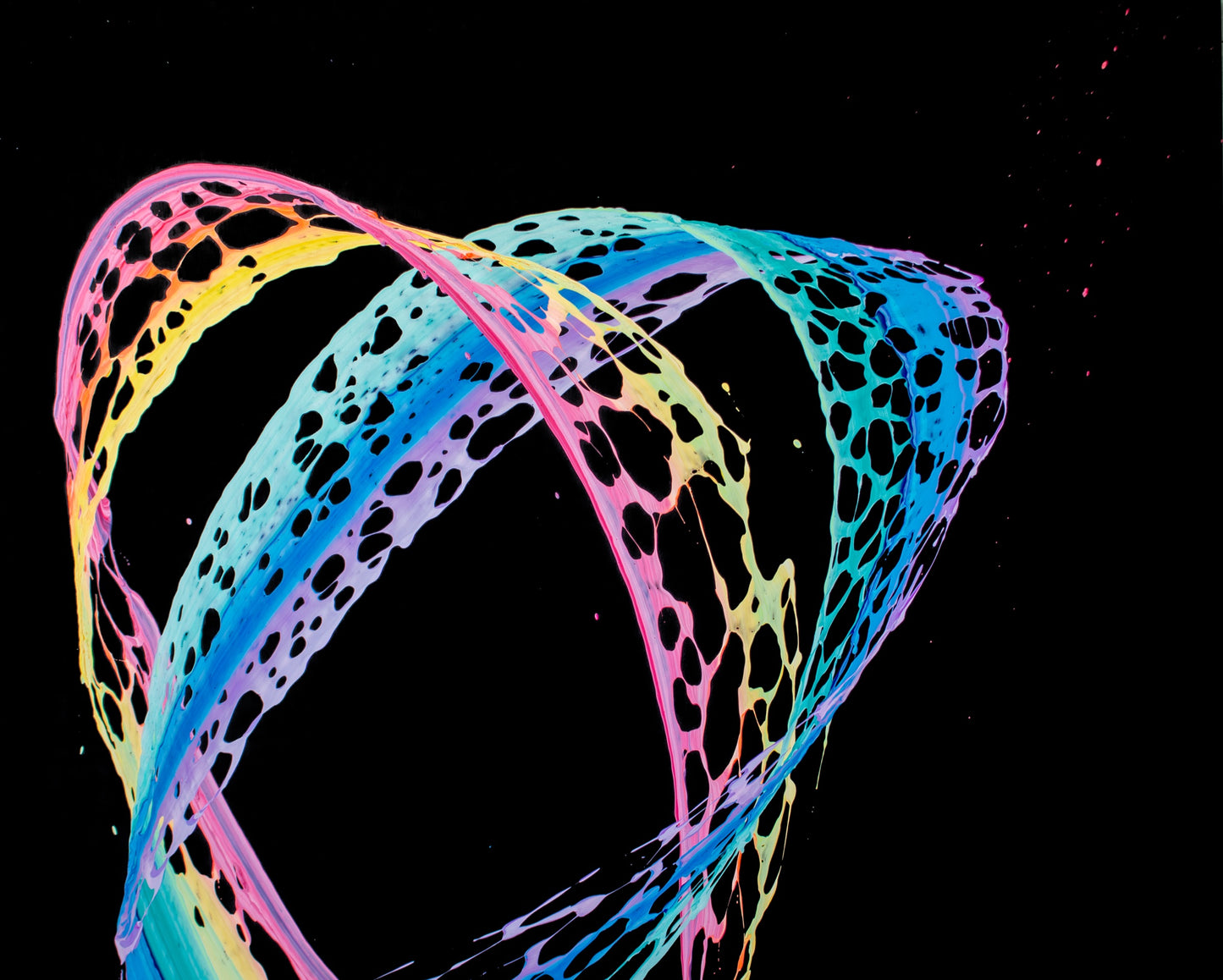 Take Heart (8ftx10ft) by action painter Callen Schaub features a pastel swath of paint that breaks into two lattice-like arcs that exit the black canvas at stage right. A heart-shaped void of negative space appears at the painting's center.