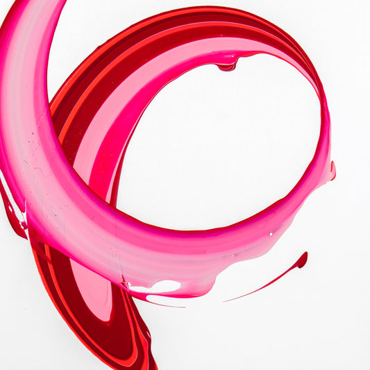 “Alle Mein Leben” by abstract artist Callen Schaub is the fifth of seven 40X40” paintings in 2025 “Life Collection”. The bold pinks of Schaub’s swoop on a white background generate optimism and confidence.