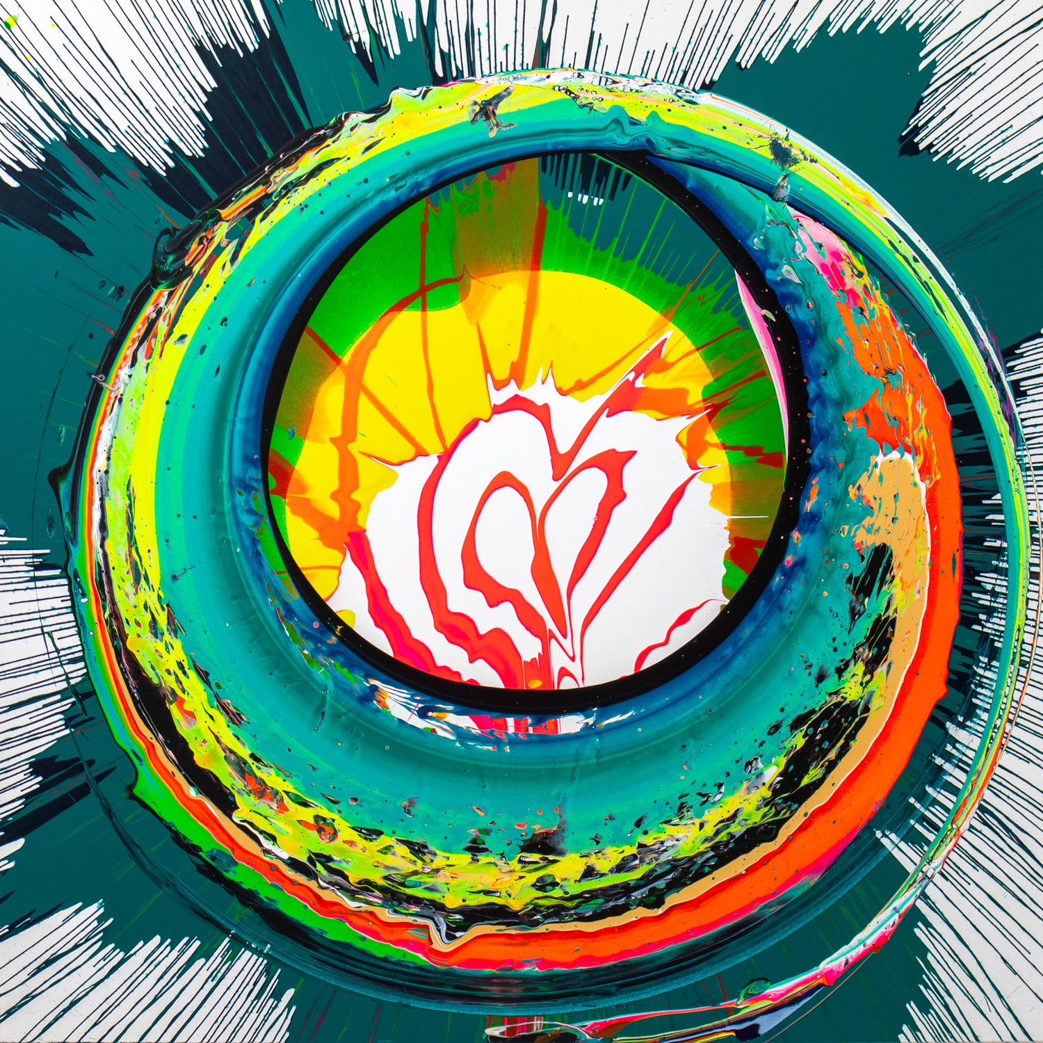 Apapachar (48” x 48”)by abstract artist Callen Schaub, is the third painting in the Thallos Series: Bloom Festival 2024. A swoop of fluorescent yellow, orange, green and turquoise encircles a red jagged heart like a soul hug when you need it the most.