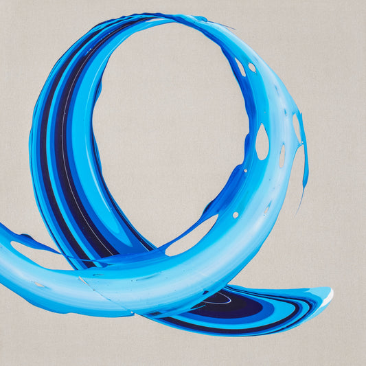 Aveum by abstract artist Callen Schaub is the second of seven 40x40” paintings in the Life Collection. The piece features a detailed blue and white swoop on a raw linen background.