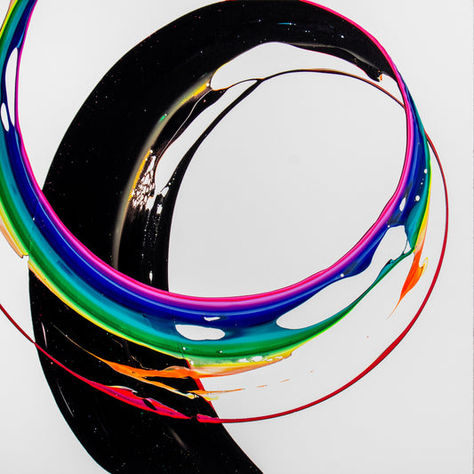 Mechayeh by Callen Schaub is the sixth of seven 40X40” paintings in 2025 Life Collection. A black swath of paint flips into a rainbow of color on a white background. A bright pink edge accentuates the flip.