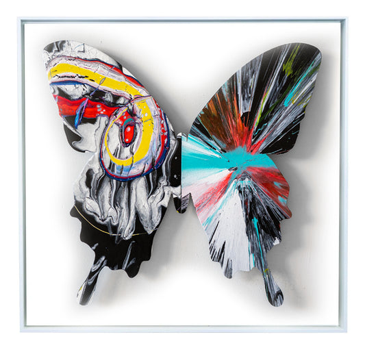 With the butterfly as their canvas, Callen Schaub (left wing) and PunkMeTender (right wing) use a bold palette  for Aleteo (34”×34, 5 of 7 in the 2026 Asymmetry Series). Defying expected symmetry, each abstract artist contributes their signature style. 