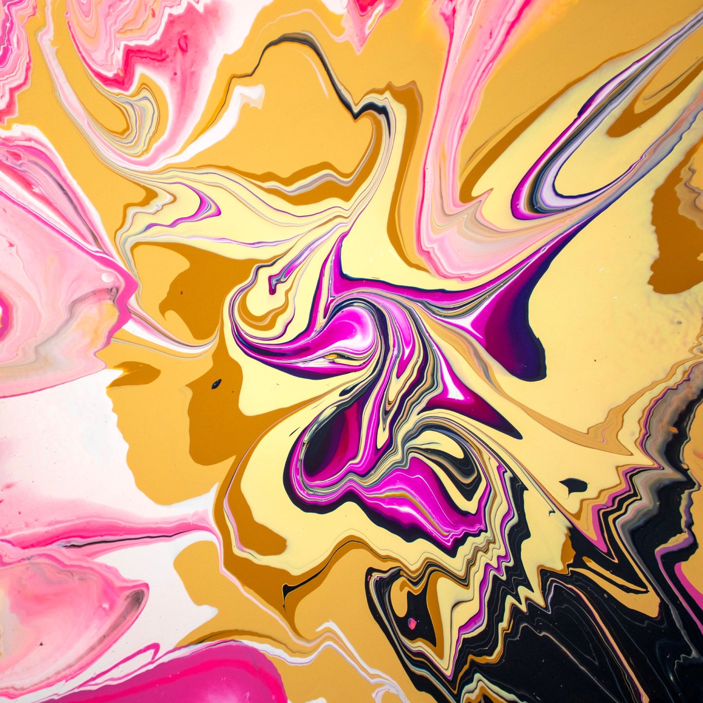 Intricate abstract swirls of pink, red, and black contrast with the pale yellows and warm golds at Aquila Fantabulosa's centre (48”x48”). This is abstract artist Callen Schaub’s third painting in the Bass Coast Festival 2025 Live Performance Series.