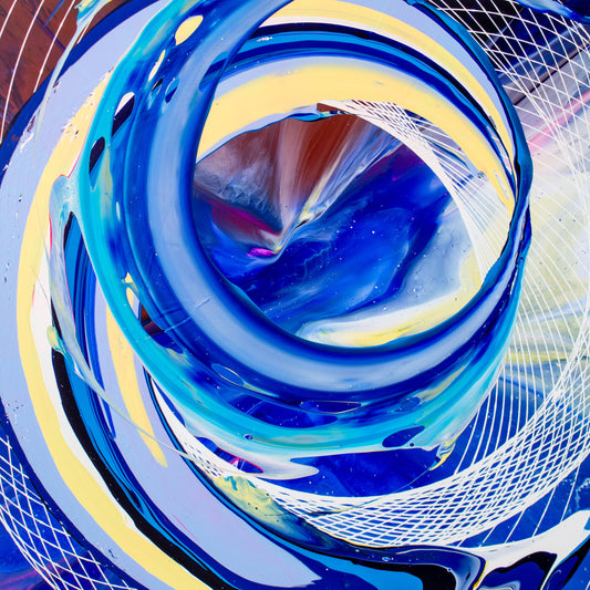 A white matrix wheel encircled by turquoise and yellow swoops, frames an enigmatic rift in the galactic sky of Callen Schaub's painting, Arrakala. The artist's process was simultaneously captured in volumetric 4D to provide viewers with the ability to freeze-frame and examine his dynamic process in 360 degrees. 
