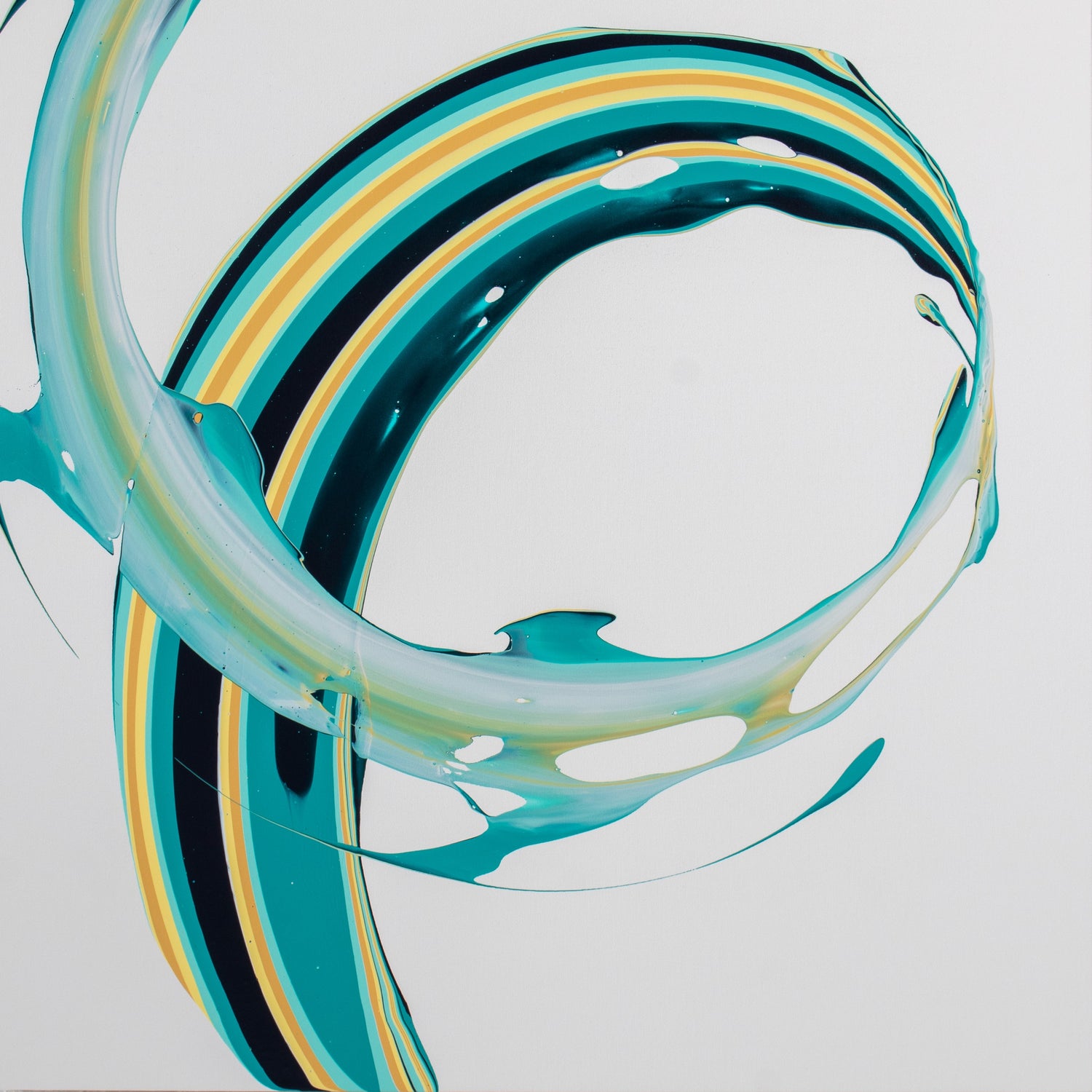 “Vitalité” is the fourth of seven 40x40” paintings in the “Life Collection”. Calling up the first day of Spring, the Schaub swoop of green, yellow and turquoise energetically whirls onto a white background.
