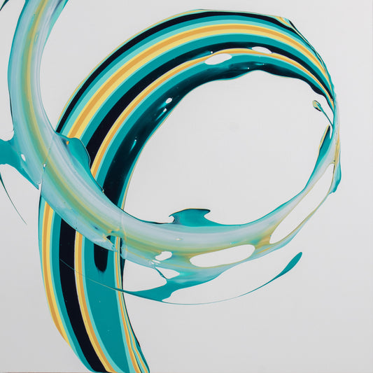 “Vitalité” is the fourth of seven 40x40” paintings in the “Life Collection”. Calling up the first day of Spring, the Schaub swoop of green, yellow and turquoise energetically whirls onto a white background.