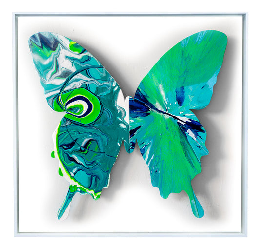 With the butterfly as their canvas, Callen Schaub (left wing) and PunkMeTender (right wing) created the vibrant green Enjoué (34”×34, 6 of 7 in the 2026 Asymmetry Series). Defying expected symmetry, each abstract artist contributes their signature style. 