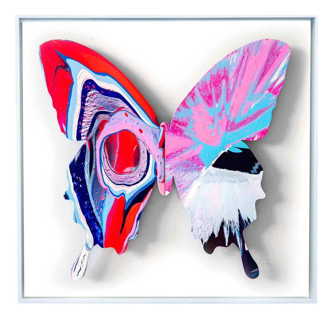 With the butterfly as their canvas, Callen Schaub (left wing) and PunkMeTender (right wing) created the Blue, red/pink Eloisa (34”×34, 7 of 7 in the 2026 Asymmetry Series). Defying expected symmetry, each abstract artist contributes their signature style. 