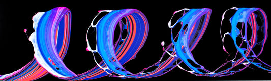 Cinco (10ft x 3ft) by action painter Callen Schaub, features four connected pink, blue and white loops on a black canvas. The boldly-colored loops have a 3D-quality and suggest the motion of their creation in Schaub's studio using unique paint-pouring tools.