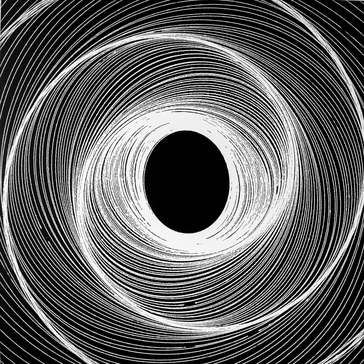 Endless, by Callen Schaub, features  a circular white pendulum line on a black (48” x 48”) canvas. It is the eighth painting in the After Life Collection.