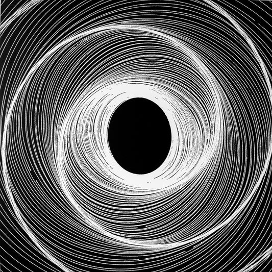 Endless, by Callen Schaub, features  a circular white pendulum line on a black (48” x 48”) canvas. It is the eighth painting in the After Life Collection.