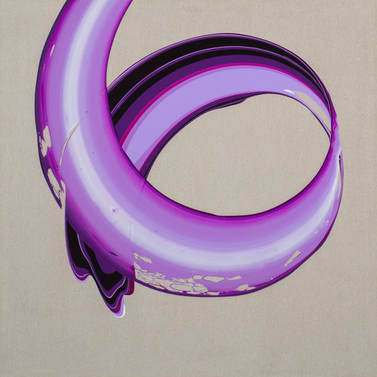  βίος by abstract artist Callen Schaub is the third of seven 40x40” paintings in the Life Collection. The dark purple and white lines of the swoop generate a 3D-effect against the raw linen background.