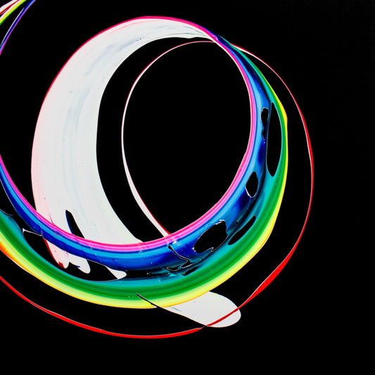 “Journada da Vida” by Callen Schaub is the final 
of seven 40”X40” paintings in 2025 Life Collection. A white swoop flips into a rainbow of color on a black background. A delicate red/yellow line rims the swoop accentuating its flip.