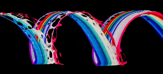 
Manawaroa (120”x55”) by Callen Schaub features a bold spectrum of color bounding across a black background. Paint launched from a suspended trough onto a spinning canvass captures the vigor and 3-dimensionality of the artist's process.
36 words