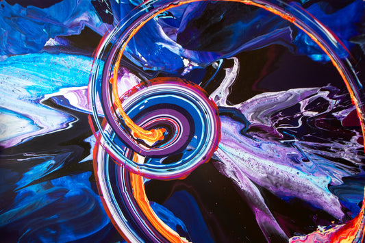 Osasuna (15ft x 10ft) features an orangy-pink swoop atop a celestial expanse of purple, blue and white. From a trapeze, abstract artist Callen Schaub poured paint, deftly dismounted, spun the canvas and then launched a trough of rainbow color across its surface.