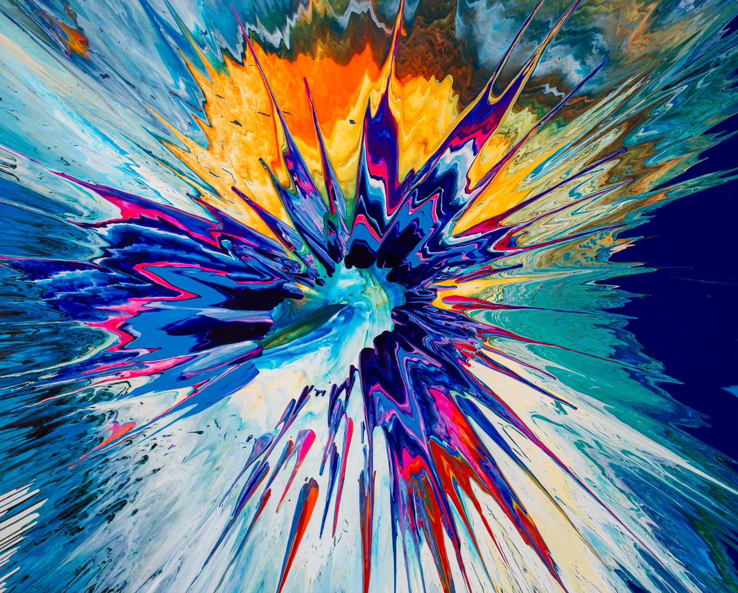 Javelot (48x60”) by abstract artist Callen Schaub is a riotous explosion of color stabbing the deep blue background like a freshly transpired kinetic event. This piece is the third of the C2 Montreal Live Performance Series 2025.