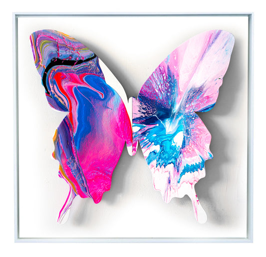 With the butterfly as their canvas, PunkMeTender (left wing) and Callen Schaub (right wing) created the pink, red and blue Kalayaan (34”×34, 3 of 7 in the 2026 Asymmetry Series). Defying expected symmetry, each abstract artist contributes their signature style. 