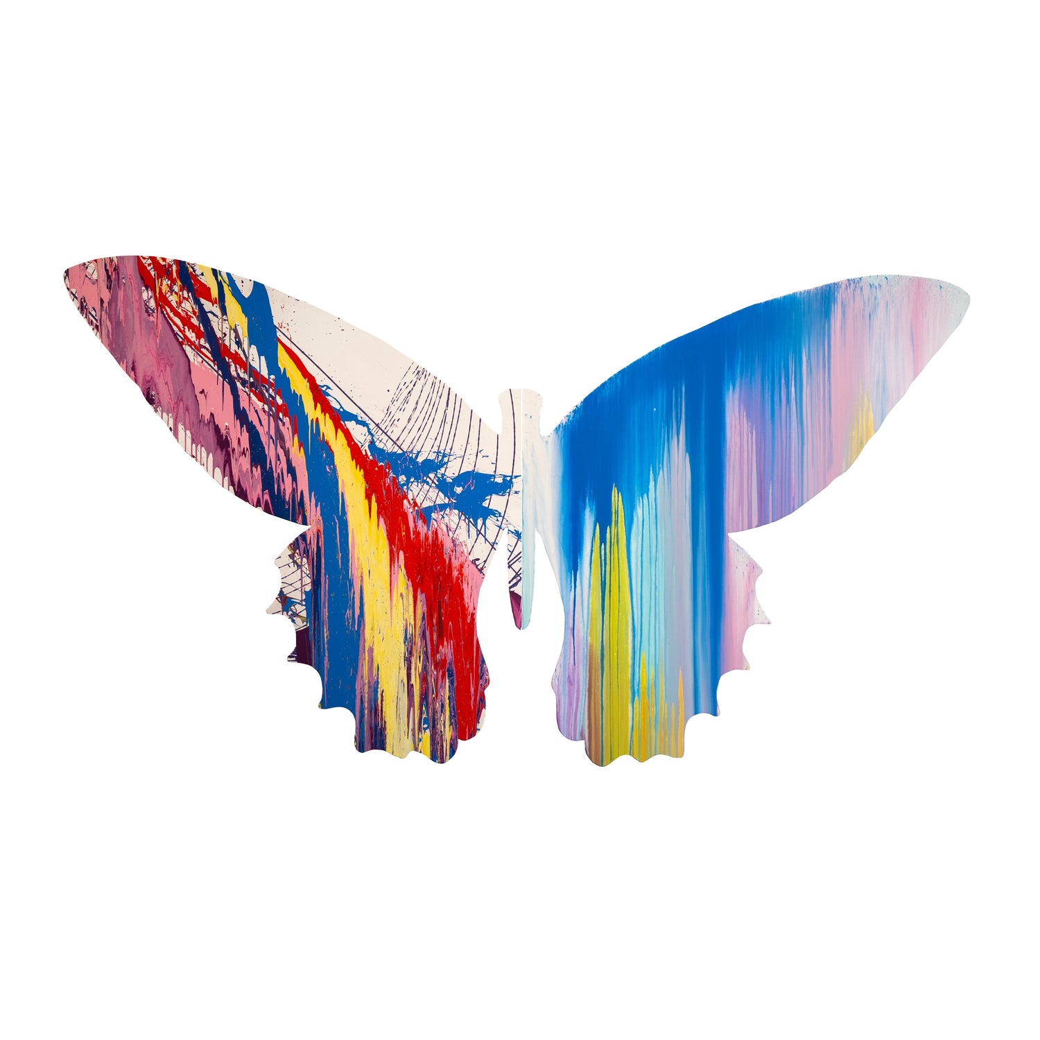 Likido-egoera (166”x100”) is a butterfly-shaped collaboration between abstract artists, Callen
Schaub (left wing) and PunkMeTender (right wing). Red, pink, purple, yellow and blue streaks
migrate southward on the large canvas created during a live performance at Art Basal 2026.