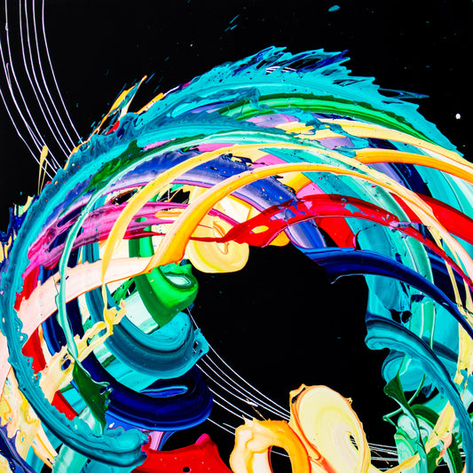 "Nerve" (4ft x 4ft) by Callen Schaub depicts a buzz saw of color against a black background. The artist's process was simultaneously captured in volumetric 4D to provide viewers with the ability to freeze-frame and examine his dynamic process in 360 degrees.