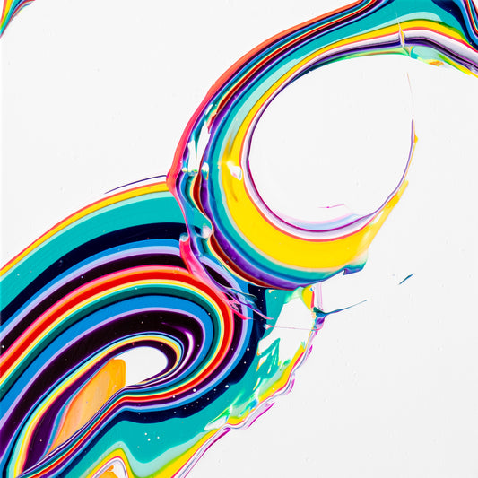 "Not Even Change" by Callen Schaub features two rainbow arcs poised to intersect, their acrobatic finesse captured against a white background. The title is a reference to the poem “Nothing Stays,” by Mark Van Doren.