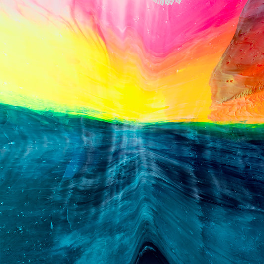 Próximo (48” X 48”) by Callen Schaub features a watery foreground and a gentle pinky-yellow horizon and is the first abstract painting in the artist's After Life Collection. 