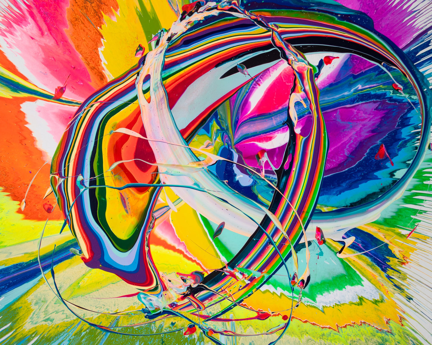 Signor Bona Slang (48”x60”) is the first painting in Callen Schaub’s Bass Coast Festival 2025 Live Performance Series. An exuberant ribbon of color seemingly launched by  a celestial wand dances across a busy fluorescent background. 