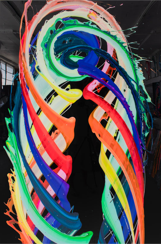 Soul Reflection (48"X 72”), 10th work in the After Life Collection) features a  ribcage-like rainbow swirl on a black background. The highly-resined surface of this abstract painting by Callen Schaub reflects the viewer's own image from its center.
