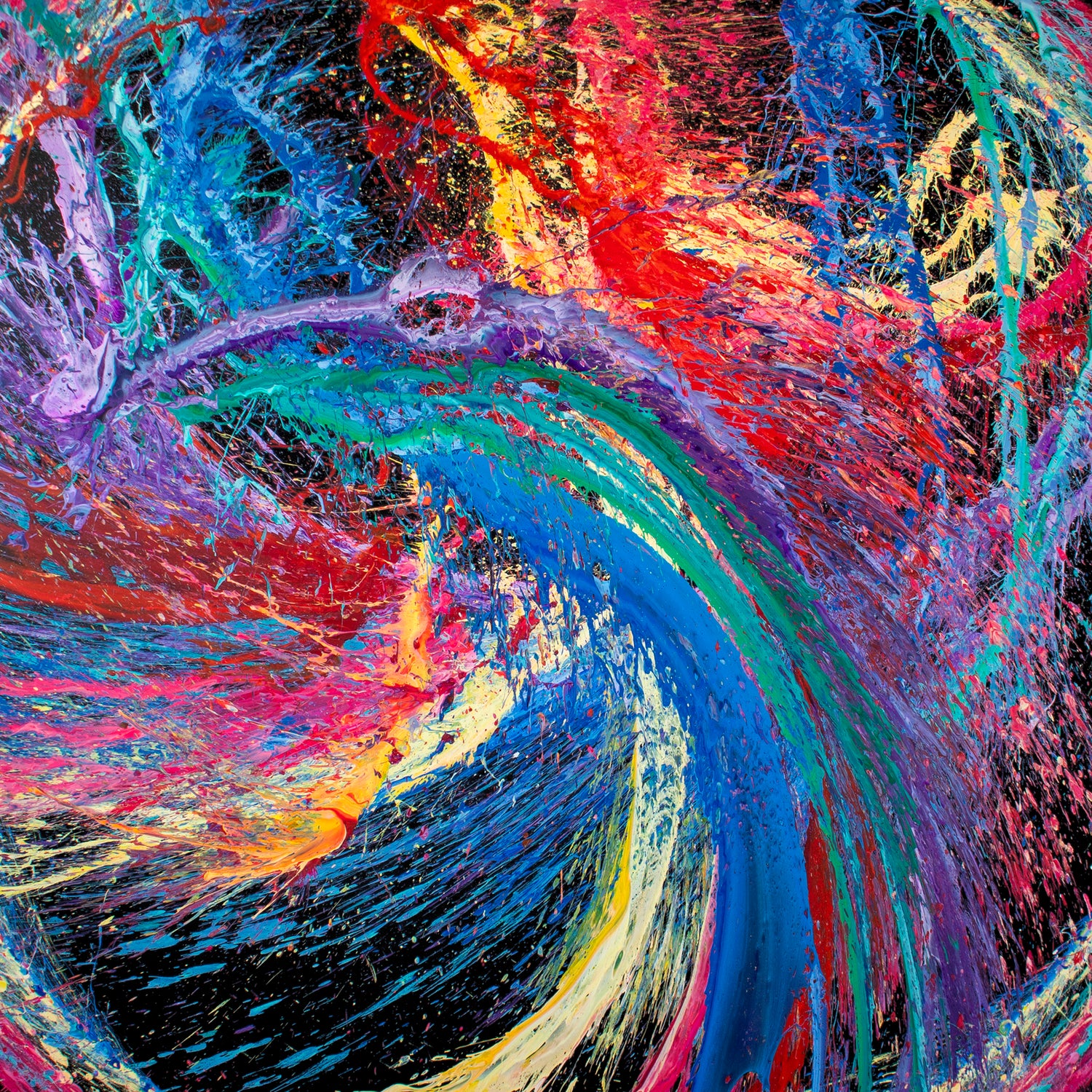 Callen Schaub's vibrantly colored painting. Trogon (10'x10') is energetic flight personified. Hanging upside down from a swinging trapeze, the artist deployed two partitioned buckets of brilliant colors onto a rotating black canvas. 