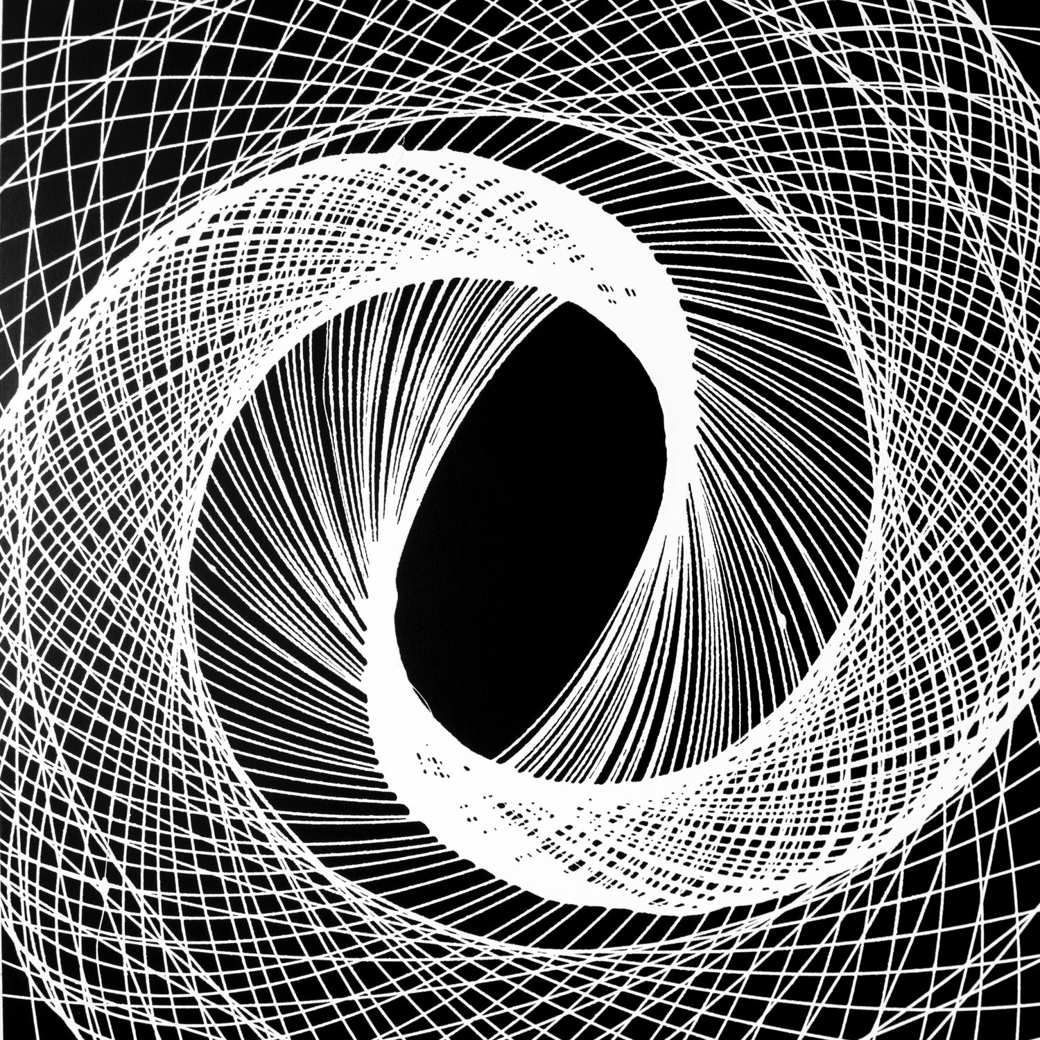 The Sky of Infinity, by Callen Schaub, features an elliptical white pendulum line on black (48” x 48”) canvas. It is the seventh painting in the After Life Collection. (Reference to Sri Chinoy's 1945 poem of the same title.)
