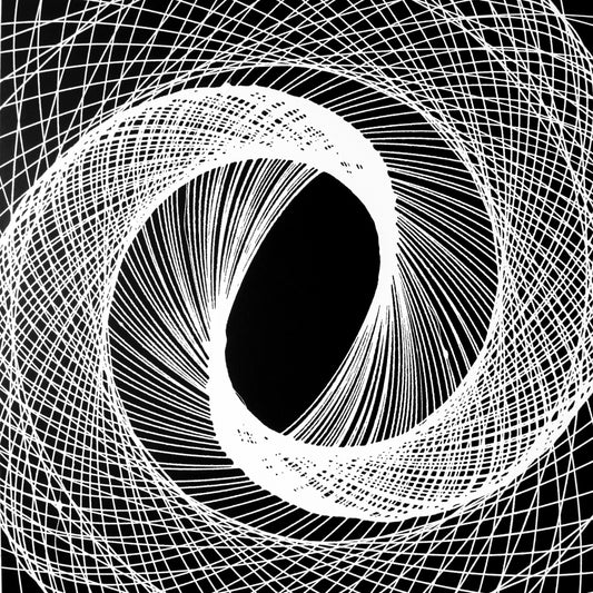 The Sky of Infinity, by Callen Schaub, features an elliptical white pendulum line on black (48” x 48”) canvas. It is the seventh painting in the After Life Collection. (Reference to Sri Chinoy's 1945 poem of the same title.)