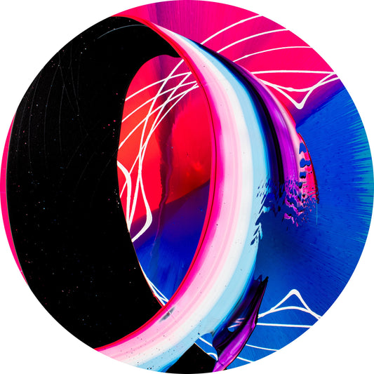 Un Momento Fugaz, (48"X 48”) features a black loop flipping to reveal its pink, white, blue, black and purple side against a  similarly-hued circular background on a white square canvas.  (12th painting in Callen Schaub's After Life Collection)