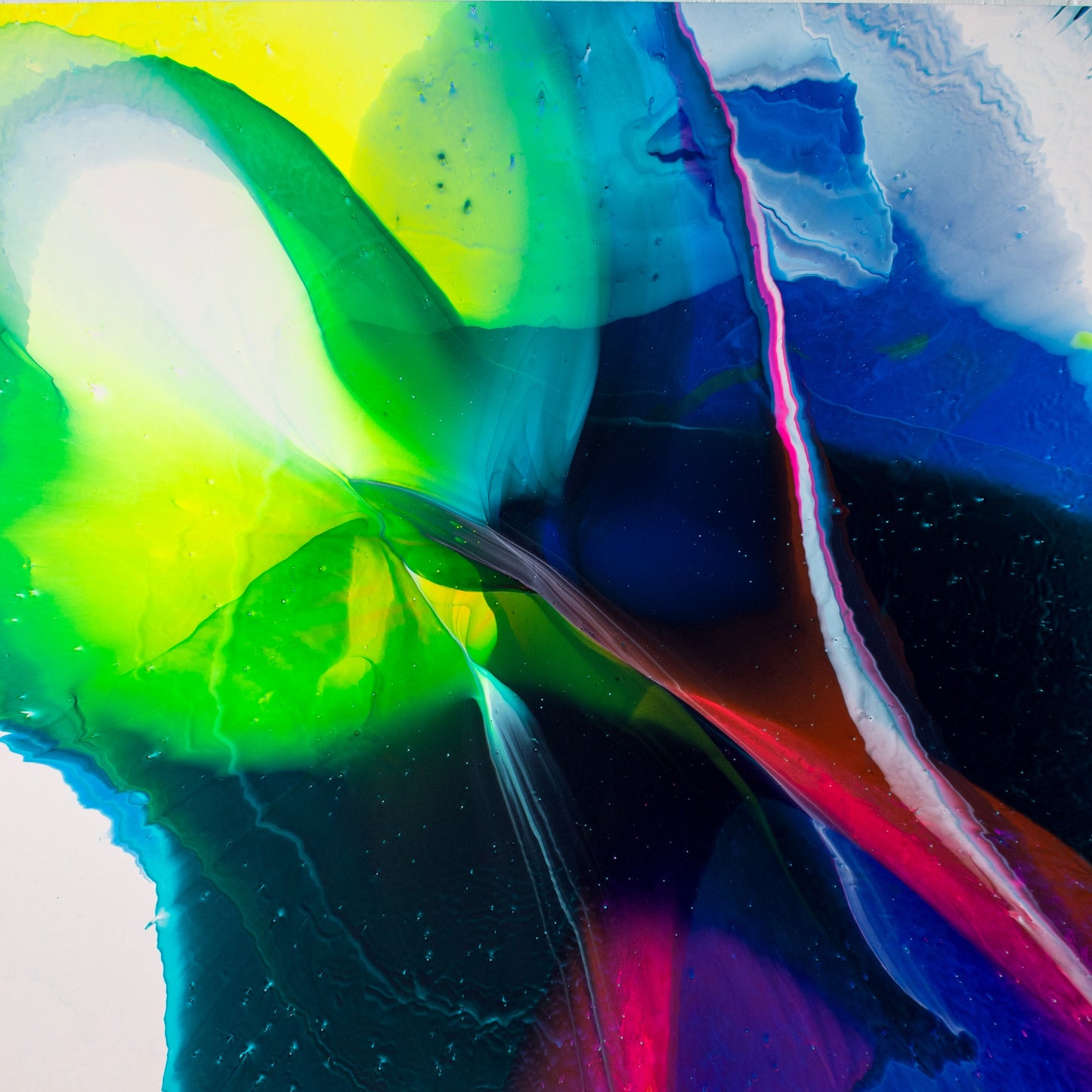Unmapped, (48” x 48”) by Callen Schaub features two white/pink and red abilical-like veins that almost touch in their journeys across an infinite green/blue expance. It is the third abstract painting in the artist's After Life Collection. 
