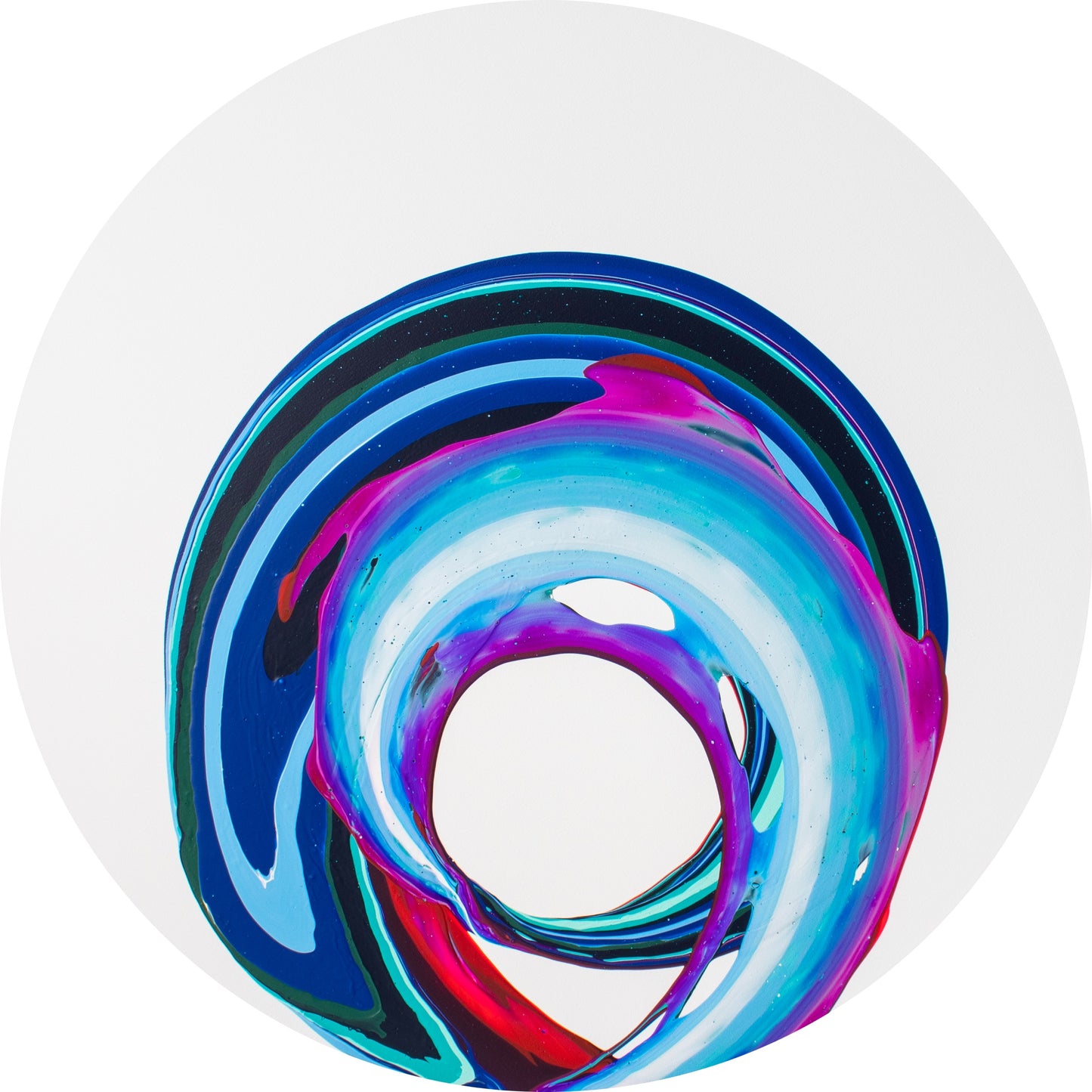 Vestaszo (43” X 43” round) by Callen Schaub features  a white, blue, black and hot pink swooping “O” across a white circular canvas. It is the fourth abstract painting in the artist's After Life Collection. 