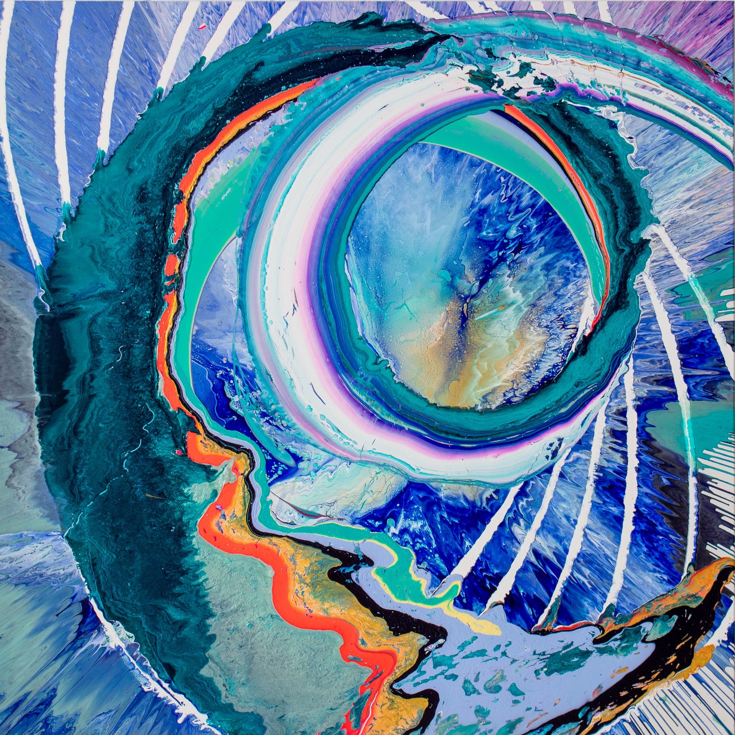 Visionär (48”x48”) by abstract artist Callen Schaub is a blue-hued oculus fringed with white lashes. An orange ripple draws the viewer to the painting's spacelike apex. This piece is the second of the C2 Montreal Live Performance Series 2025.
